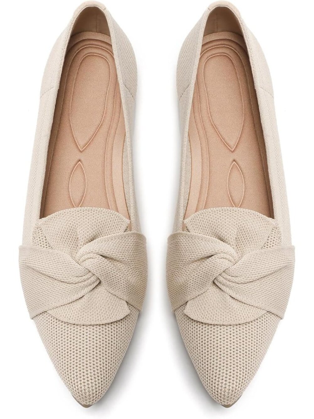 Women's Cream Comfortable Pointed Toe Knit Foldable Slip On Ballet Flat Shoes